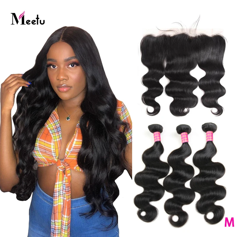 Meetu Body Wave Bundles with Frontal Malaysian Hair Bundles with Frontal Closure Non Remy Human Hair Bundles with Lace Frontal