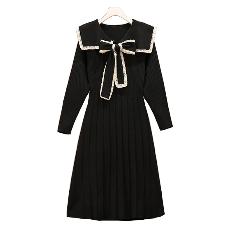 

PERHAPS U Black Red Bow Sailor Collar Long Sleeve Knitted A-Line Knee Length Dress Autumn Chic Elegant D3052