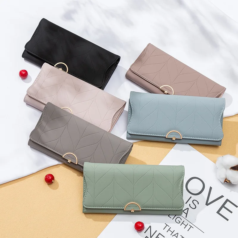 Women Wallets New Fashion High Quality Brand Letter Long Tri-fold Coin Purse Flower Hasp Pu Leather Female Clutch Card Holder