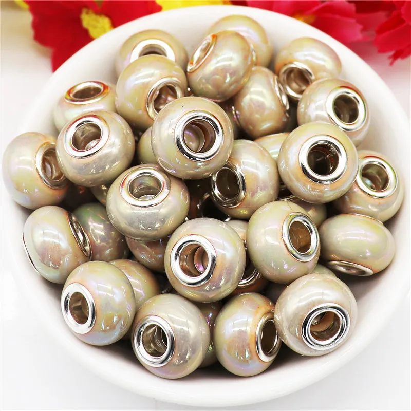 

10 Pcs Lot Wholesale Khaki Color Large Hole Spacer Beads Fit European Pandora Bracelet Bangles for Women Girl DIY Jewelry Making