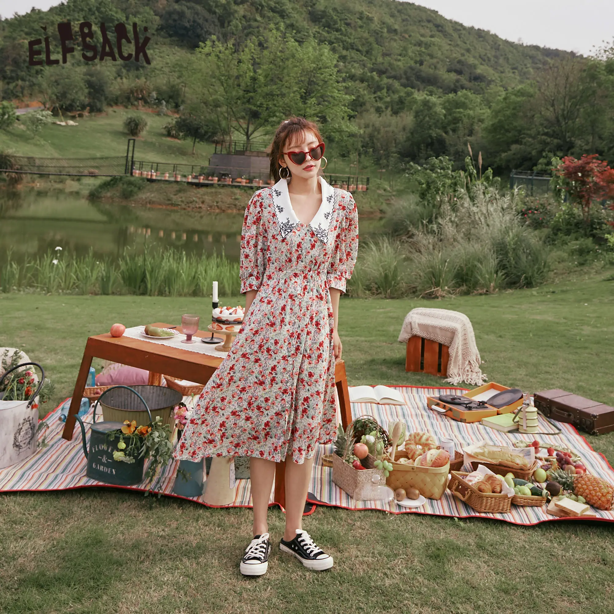 Женское шифоновое платье с цветочным принтом ELFSACK разноцветное Повседневное