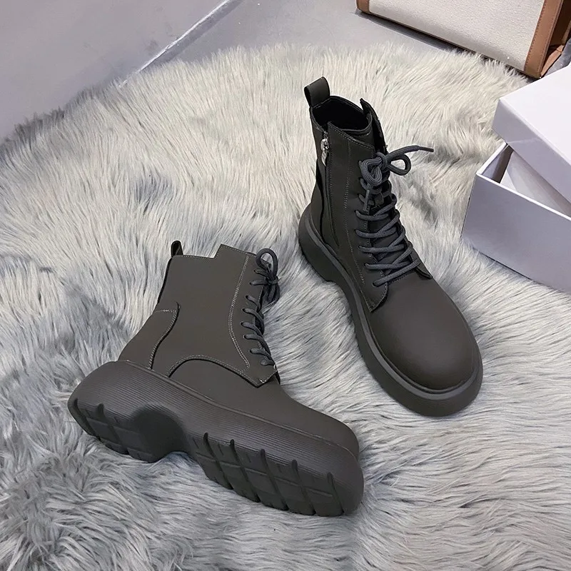 

Thick-soled Martin Boots Women's Autumn And Winter 2021 New Ladies' Side Zipper Rider Boots Student Elephant Grey Thick Heel