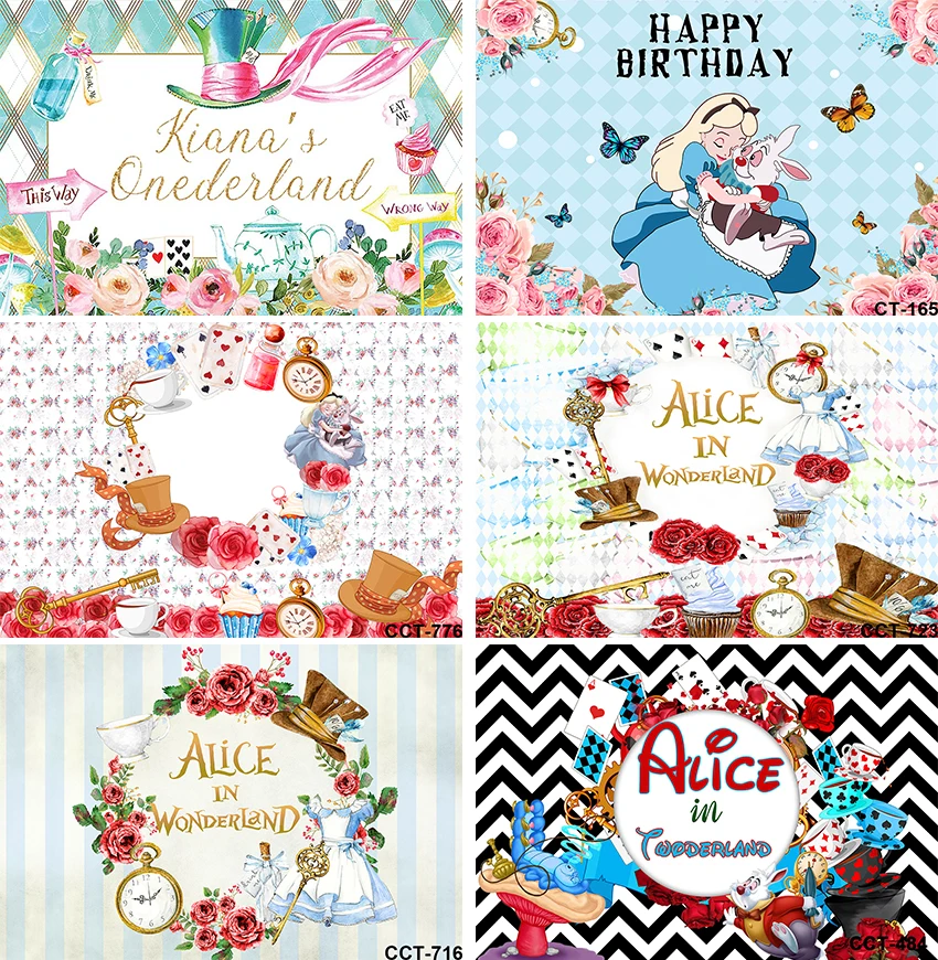 

Alice In Wonderland Theme Photography Background Baby Girl Birthday Party Photo Backdrops Vinyl Studio Props Photophone