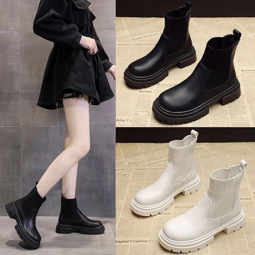 

Thick-soled Knitted Stitching Thick-heeled British Style Short Boots Women's Elastic Stocking Martin Boots