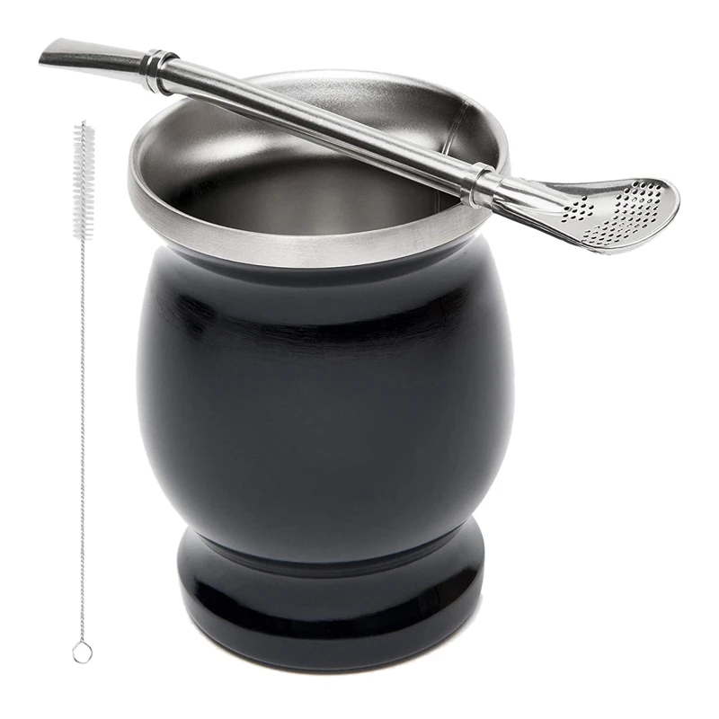 

Double-Wall Stainless Yerba Gourd Mate Tea Set Coffee Water Mate Tea Cup with Spoon Straw Bombilla & Cleaning Brush 8Oz