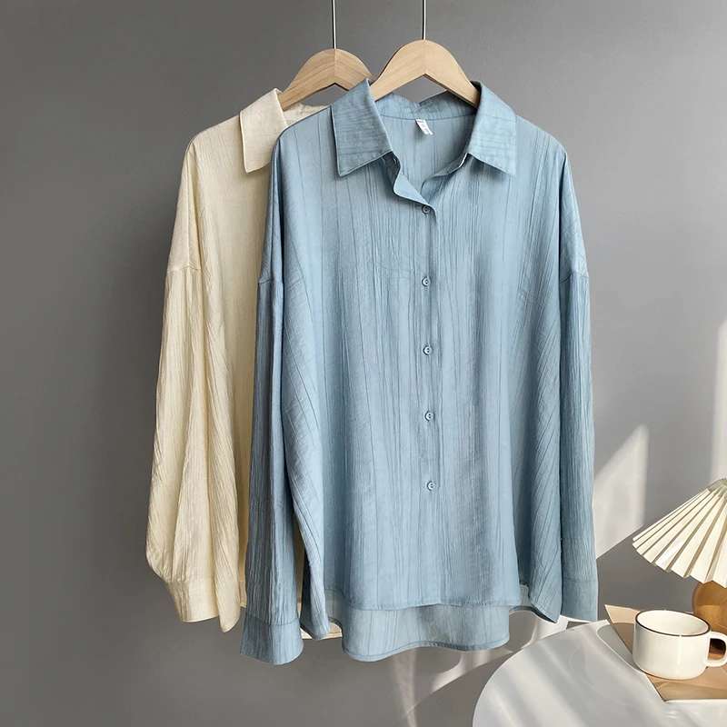 

Sister Fara Spring 2021 New Shirring Long Sleeve Shirt Woman Asymmetrical Blouse Turn-Down Collar Straight Office Lady Blouses