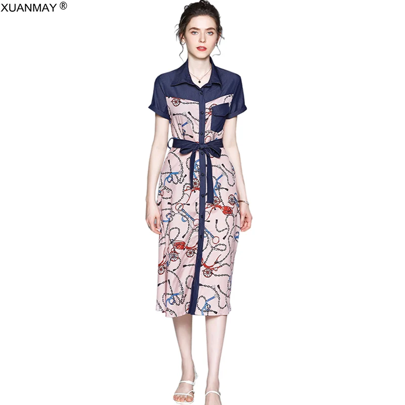 

2021Summer Denim Dress Long style Elegant Chiffon Print pattern Dress Office Shirt-style Denim dress job seekers Dress Female