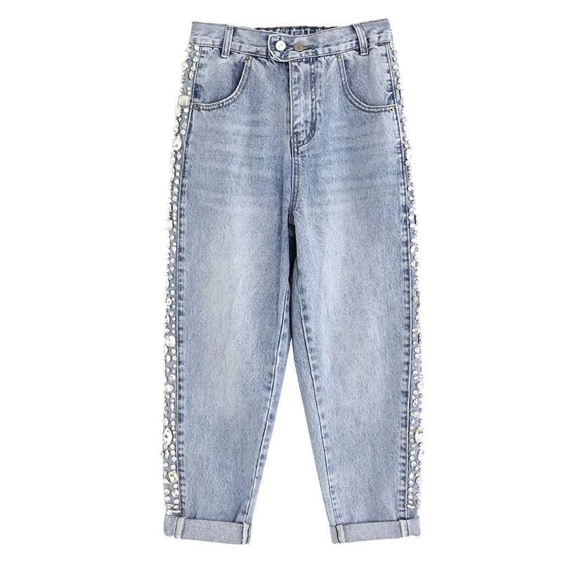 

2021 New casual denim trousers women's luxury diamond high-waisted jeans ladies loose fit straight-leg pants retro light blue