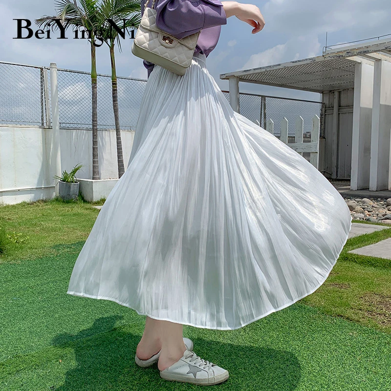 

Beiyingni 2022 Spring Summer Korean Style A Line Midi Skirt Women White Black Solid Color High Waist Pleated Skirts Fashion Saia