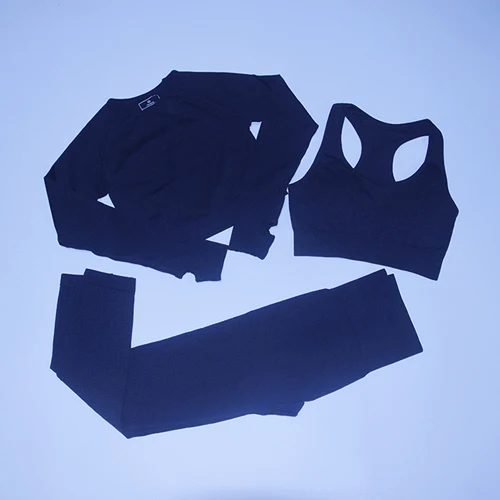 Black set Vital бесшовный спортивный костюм, спортивный комплект, женская одежда для тренировок, бесшовные леггинсы, спортивный бюстгальтер пуш-ап, укороченный топ с длинными рукавами, комплект из 3 предметов для йоги - Цвет: Black set