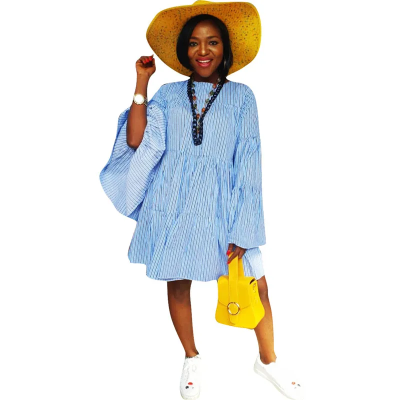 Женское Повседневное платье-футболка в полоску свободное голубое платье-рубашка