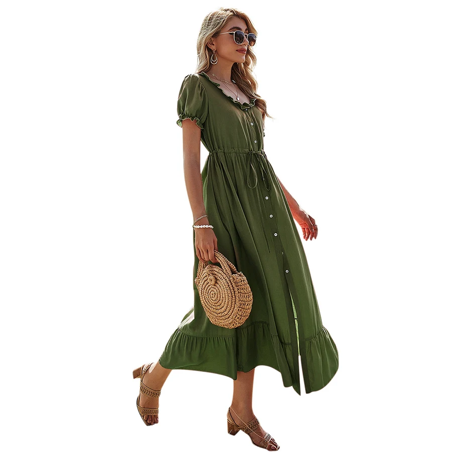 

MIXINNI 2021 New Spring Women's Single-Breasted Round Neck Solid Color Dress Female High Waist Long Skirt 022