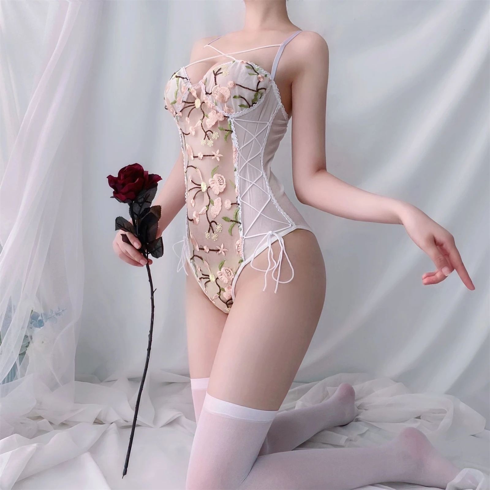 

Erotic Lingeri Embroidery Mesh See-through Temptation Pajamas Sexi Bodysuit Women's Cross Strappy One-piece Sexy Lingerie
