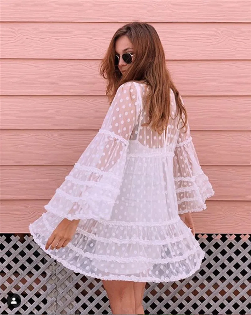 Женский прозрачный пляжный сарафан в горошек стиле бохо с длинным рукавом и