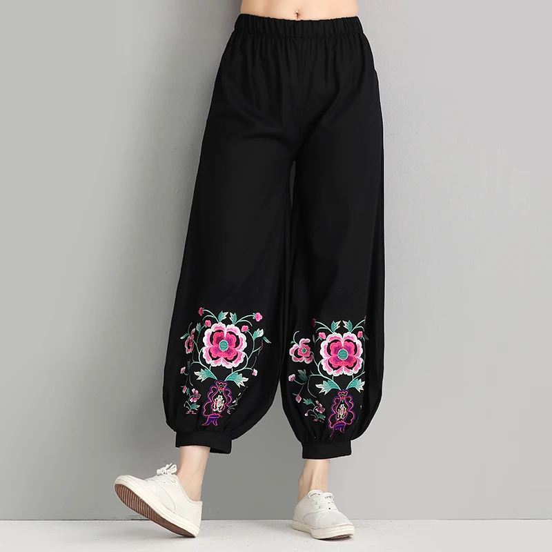 Женские винтажные шаровары с цветочной вышивкой брюки эластичной талией