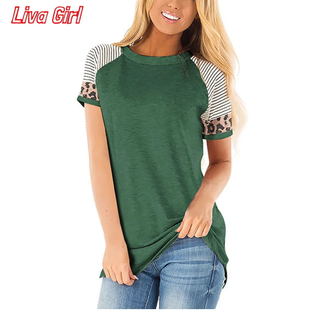 Big Size Women Clothing 2020 Summer Tops Leopard Print Casual Tee Shirt Striped Patchwork T Female O-Neck Loose |