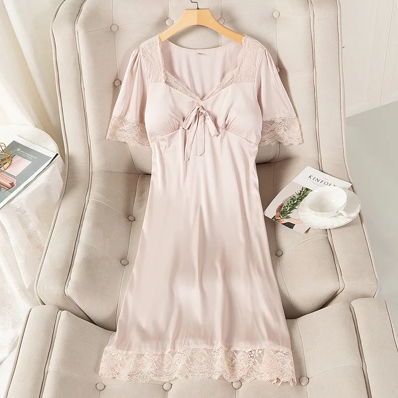 

Short Sleeve Nightdress Women Lace Sleepwear Summer Satin Nightgown V-Neck Home Dressing Gown Nightwear Robe Nighty Dress