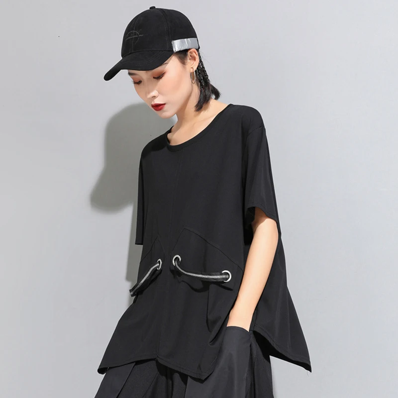 [EAM] New Spring Summer Round Neck Half Sleeve Black Loose Split Joint Big Size T-shirt Women Fashion Tide JW890 JW890