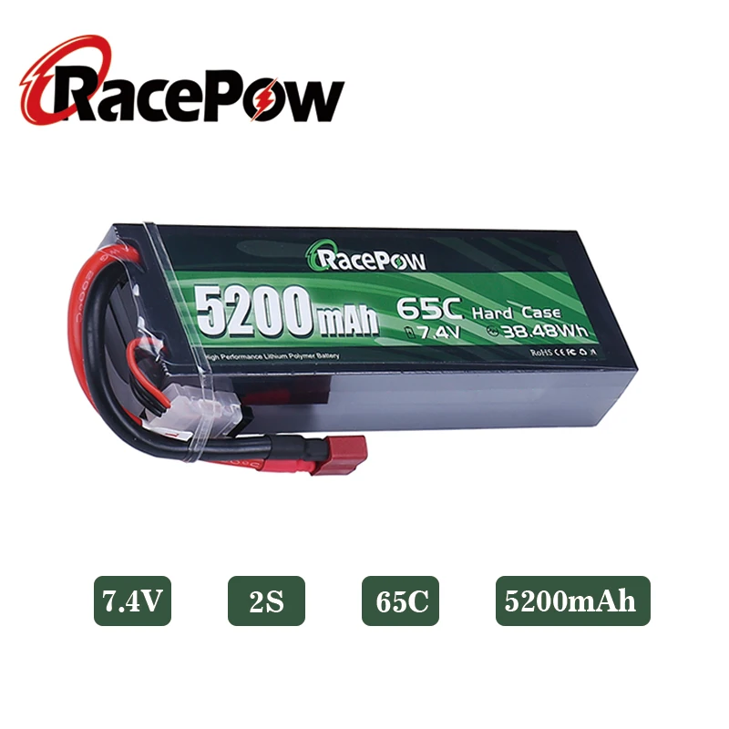 

RacePow 5200mAh 7.4V 2S 65C RC Hard Case Lipo Battery with T Deans Plug 1/10 1/8 Scale for Traxxas Slash Car Truck Tank Buggy