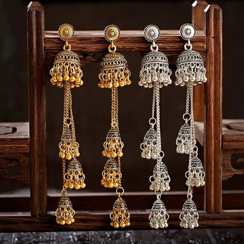 

Retro Bollywood Oxidized Women Jhumka Indian Earrings Femmes 2020 Ethnic Gold Silver Color Afghan Bell Long Tassel Drop Earrings