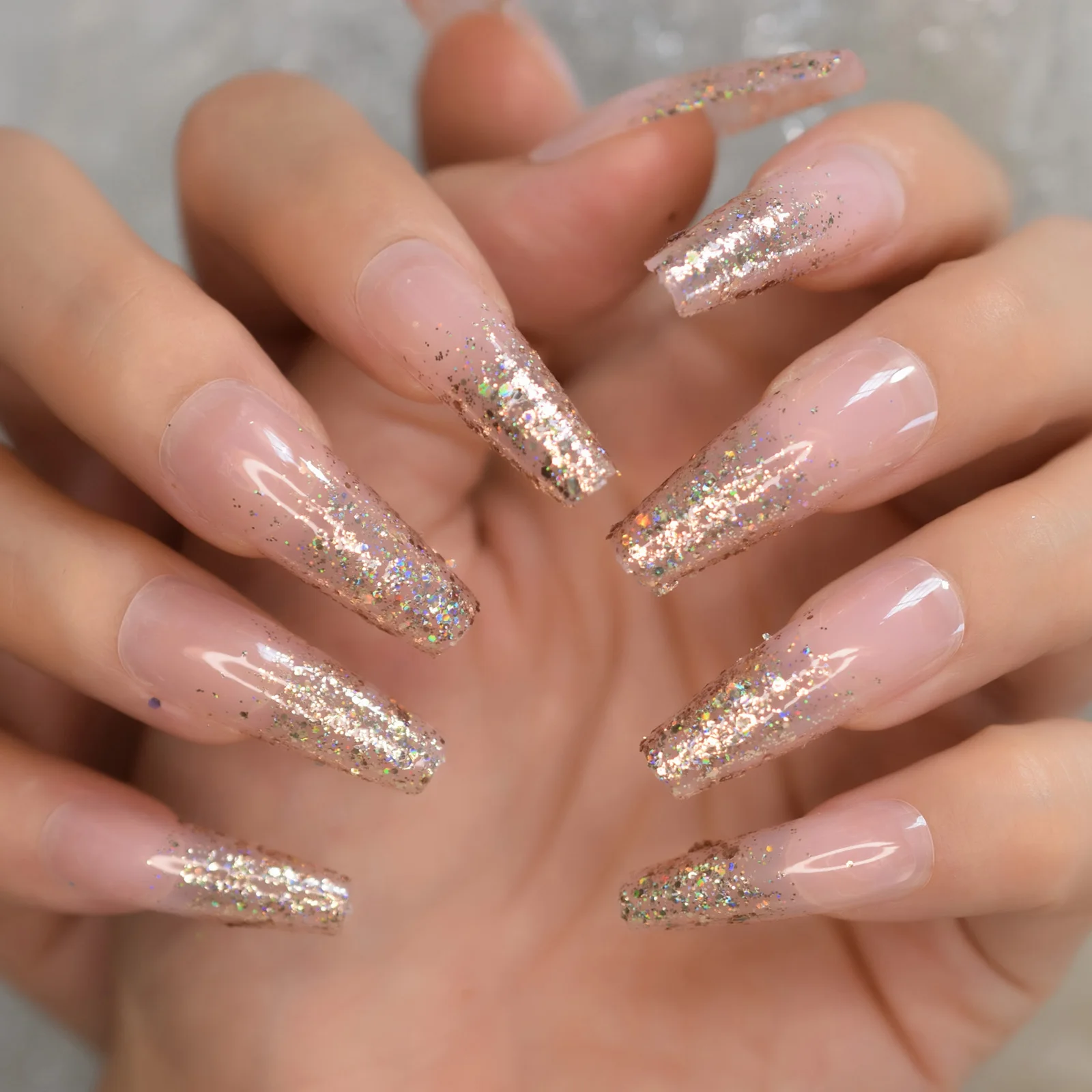 Glossy Coffin Nail Glitter Fingernails Tip Fake Nail With Desgins Pink Extra Long Nails Lovely Manicure Press On Fake Nails Cute images - 6