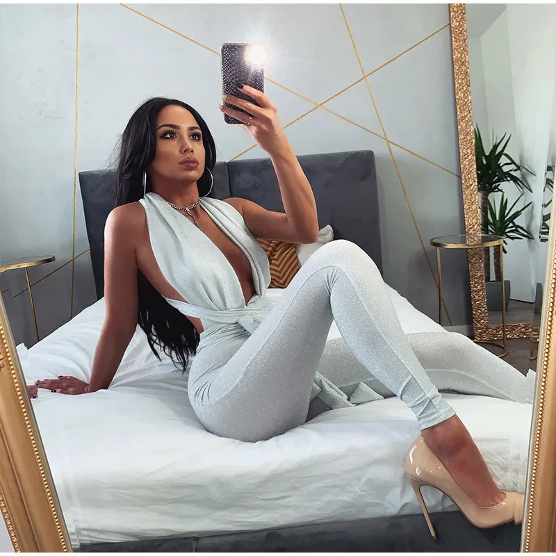

Sexy Deep V Neck Sleeveless Jumpsuit for Women Glitter Hollow Out Party Playsuit Female Bodycon Solid Jumpsuits Female Club Suit