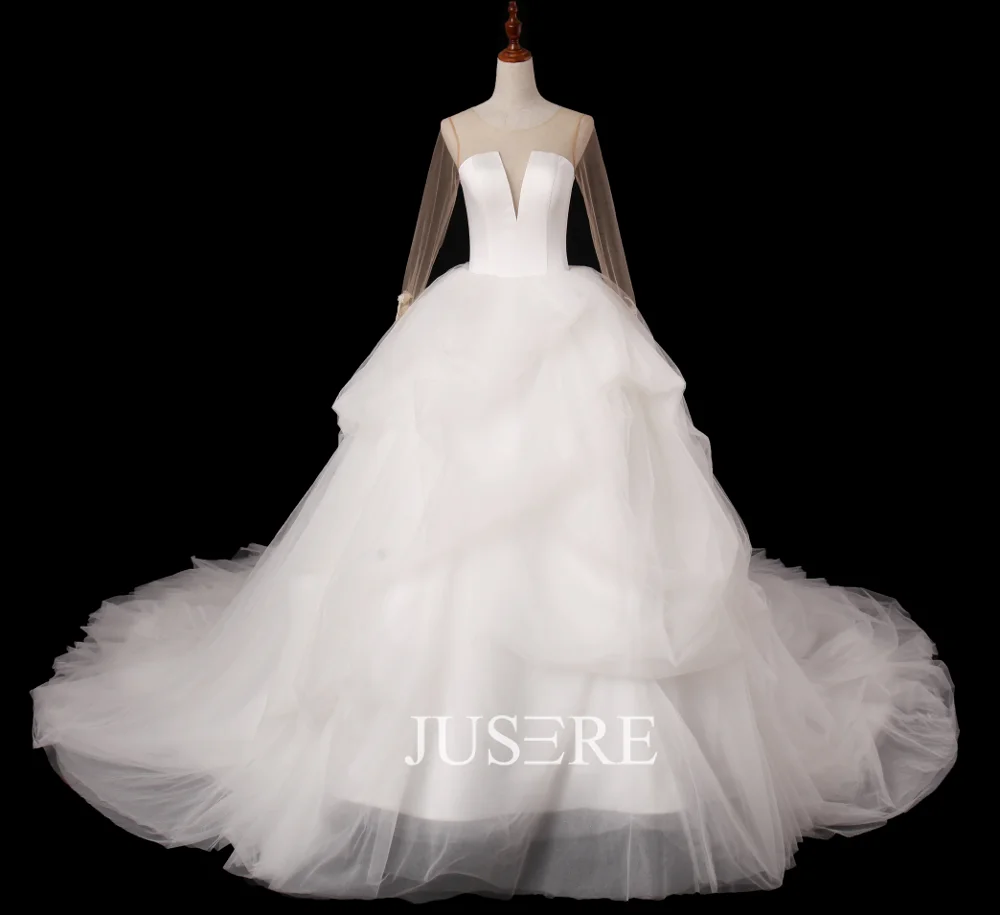 Платье Свадебное ТРАПЕЦИЕВИДНОЕ с длинным рукавом Кружевная аппликация иллюзия