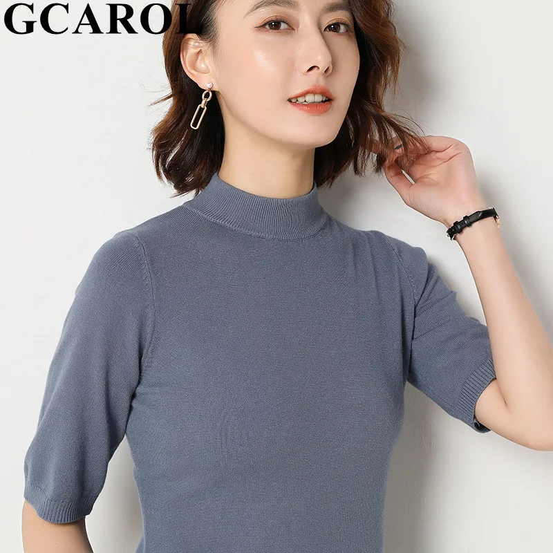 Женская тонкая футболка GCAROL из 30% шерсти на весну и лето с воротником-стойкой