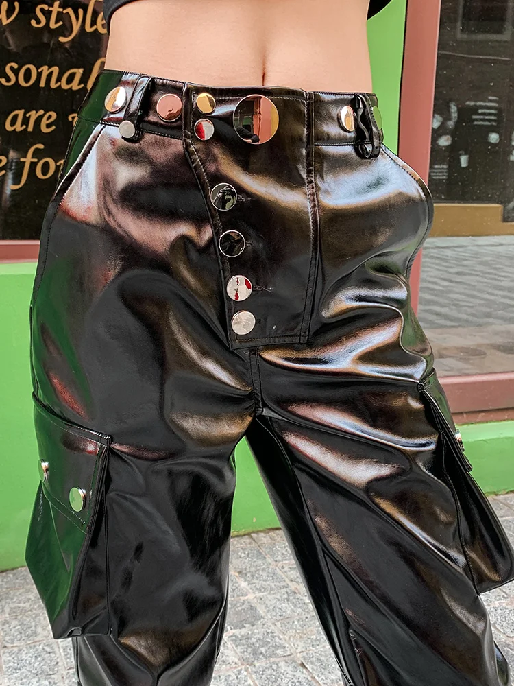 Metal button Glossy patent pu leather pant female Autumn bright leather pants was thin high waist locomotive leather pants F1686