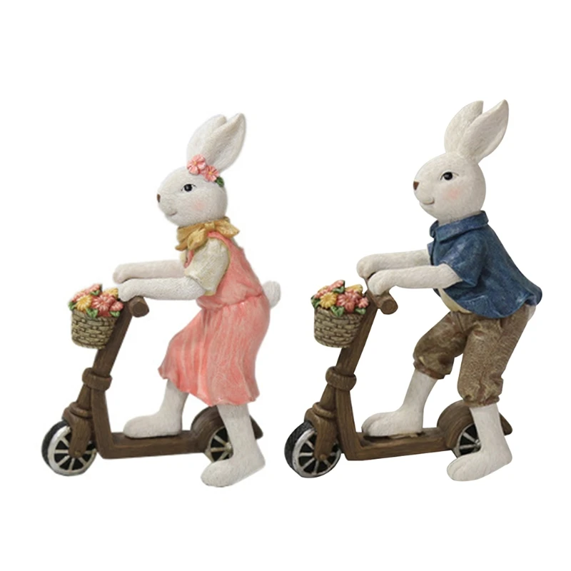 

Riding Bunny Couple Ornaments Spring Easter Decoration Micro Landscape Figurine
