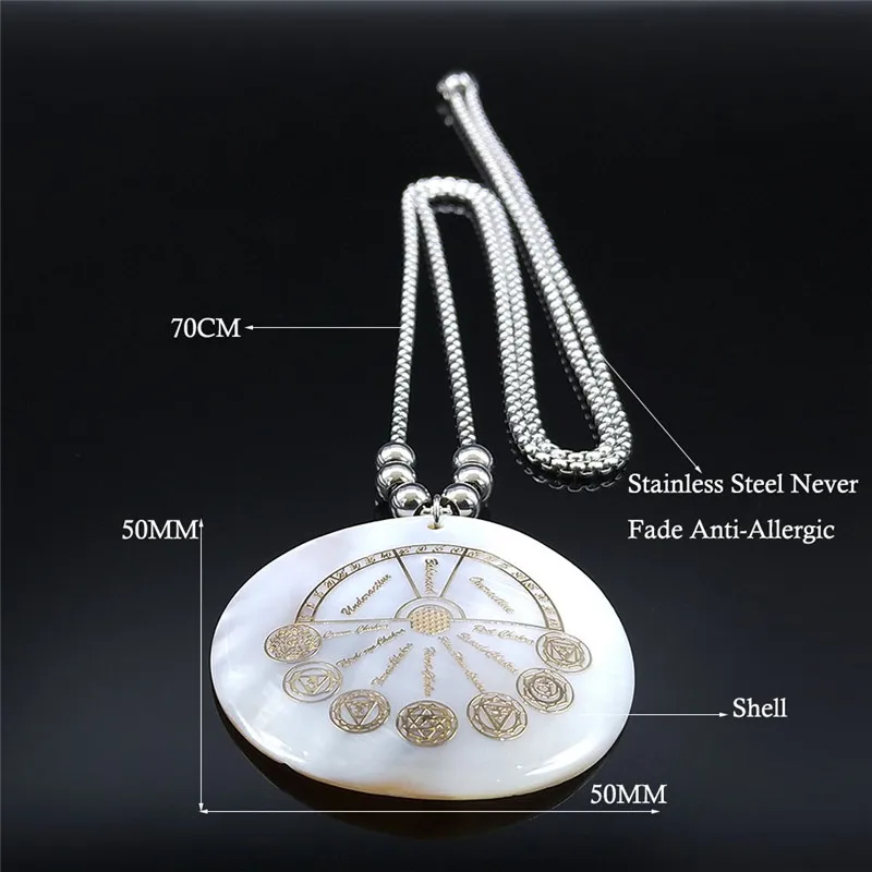 

Yoga 7 Chakra Divination Flower of Life StainlessSteel Shell Long Charm Necklace Women Jewelrycollier coquillage NXS02