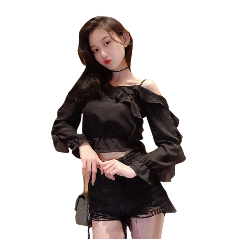 

Kywommnz Women Fashion Shirt Long-sleeved One-shoulder Ruffled Off-shoulder Sling Chiffon Short Blouses Spring Autumn 2021 E714