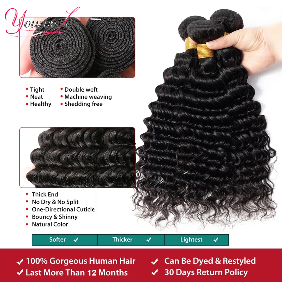 Younsolo Loose Deep Wave Bundles With Closure Malaysia Remy Human Hair Curly Lace |