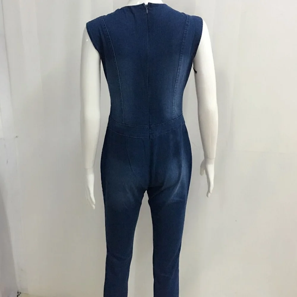 

Denim Overalls Womens Jean Jumpsuits Washed Jeans Denim Casual Backless Rompers Zipper Deep V Neck Slim Fit One-piece Long Pants