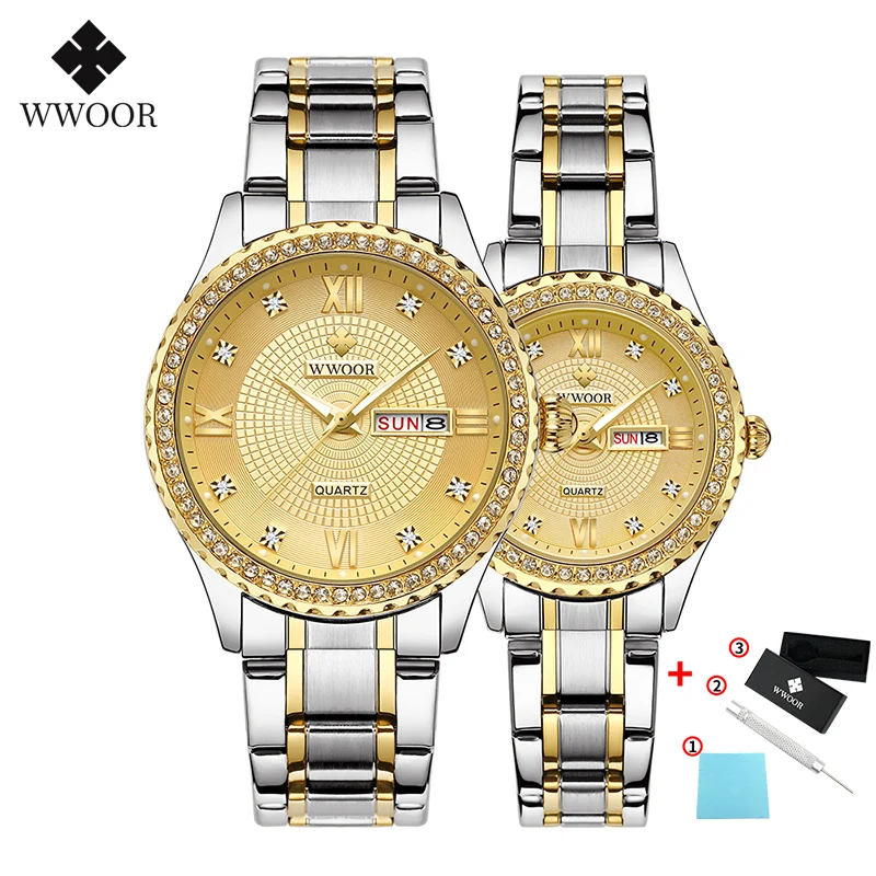 sliver gold WWOOR модные часы для влюбленных, мужские и женские часы, кварцевые часы из нержавеющей стали, ЖЕНСКИЕ НАРЯДНЫЕ часы, часы для пар, подарки, parejas - Цвет: sliver gold