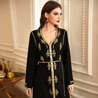 fridayin autumn new womens industry hand stitched gold rimmed v neck gold tube rhinestone robe middle east party festival dress