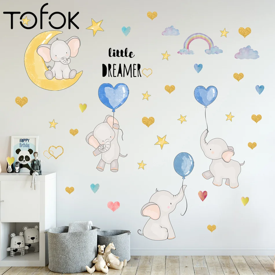 Tofok Мультфильм слоненок шар Радуга DIY настенные наклейки для малышей и детей