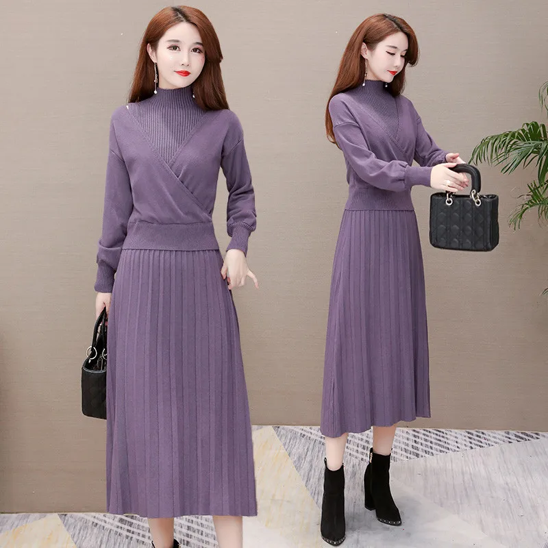 Fashion Dress suit 2022 Autumn Winter Two Piece Set Women Korean Long Sleeve Turtleneck Knitted Bottoming Dresses Ladies G1754