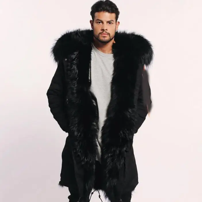 FPM1802black black Fandy lokar, настоящая меховая парка, мужская зимняя куртка, натуральный мех енота, с капюшоном, пальто, природный енот, собачья подкладка, куртка, мужское натуральное меховое пальто - Цвет: FPM1802black black
