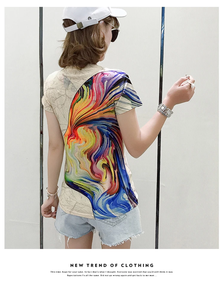 

Houthion Printed Sexy Woman T-shirt Version Slim Short-sleeved Women's Top Cotton Polyester Fashion Casual New Korean