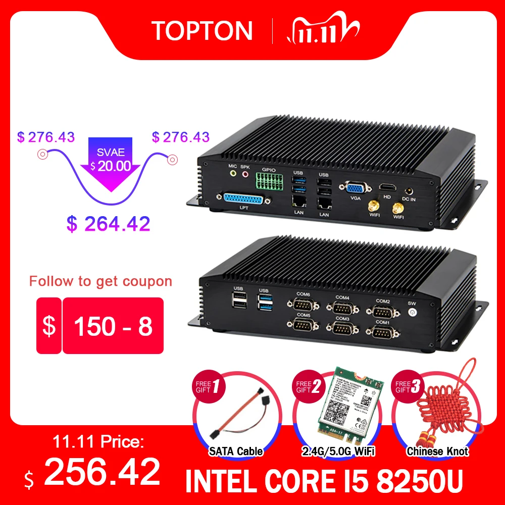 Промышленные безвентиляторный мини ПК Intel i7 8550U i5 8250U i3 DDR4 прочный компьютер 2 * lan 6