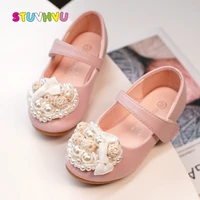 new girls princess shoes soft leather rhinestone pearl bow children shoes casual flats baby toddler girl dress shoes pink beige