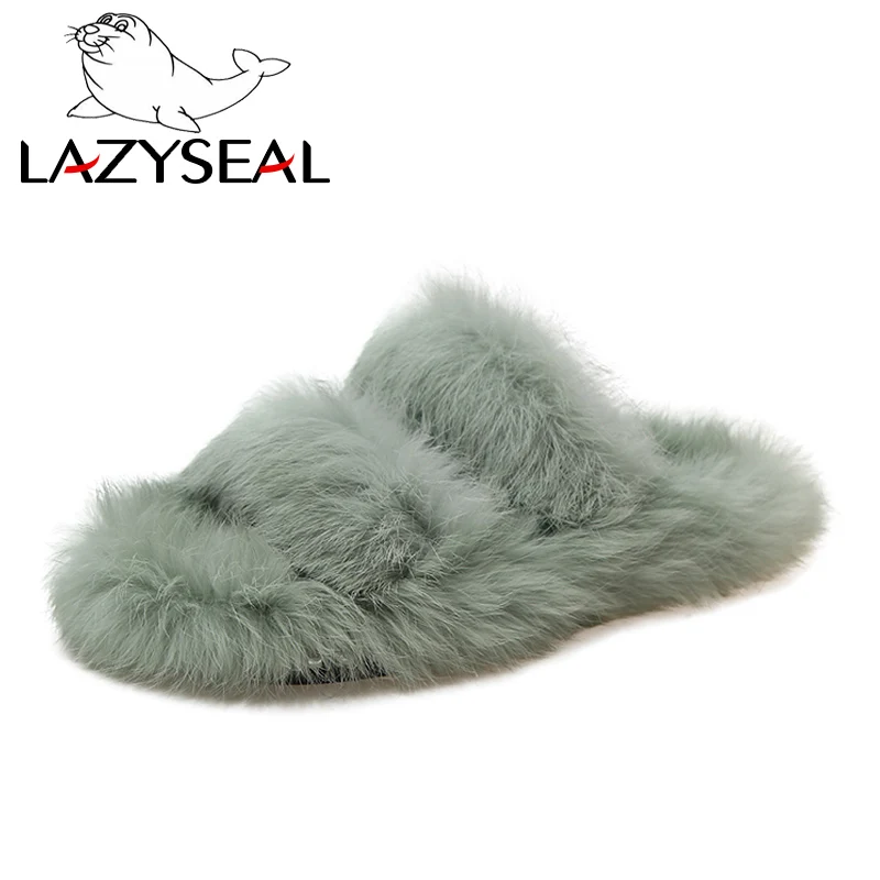 Green LazySeal/женские тапочки с натуральным мехом новые тапочки их меха под кролика домашние Шлепанцы женские пушистые домашние вьетнамки - Цвет: Green