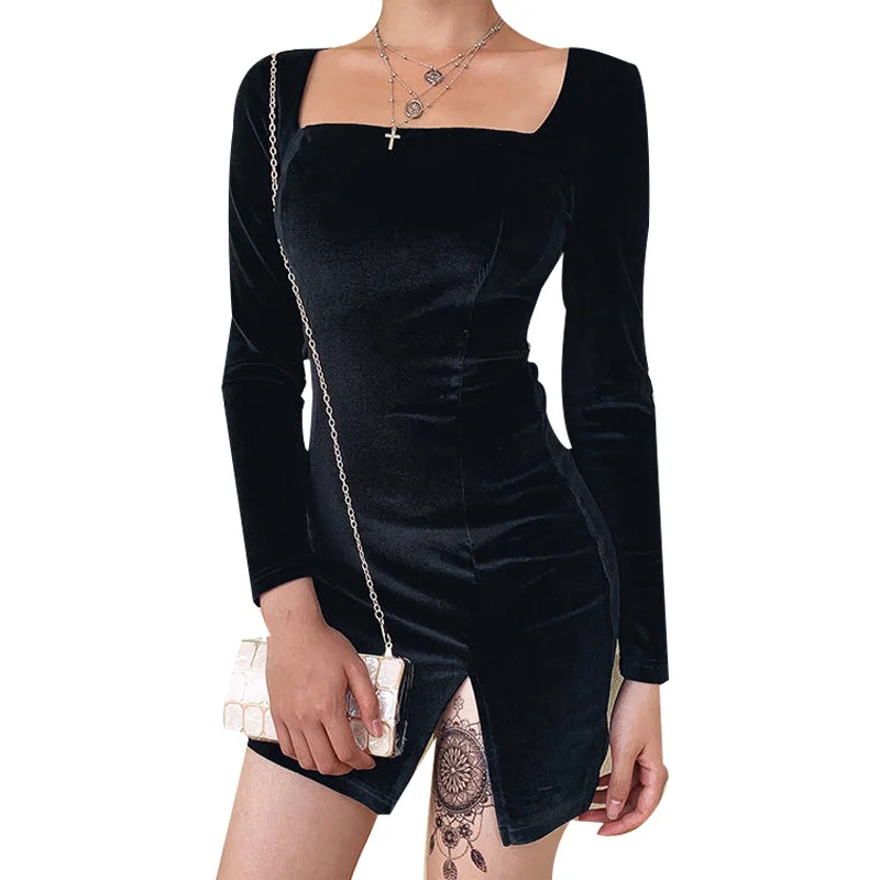 

Women's Spring Summer Style Dress Women's Solid Color Square Collar Patchwork Long Sleeve Sexy Dress SS1286