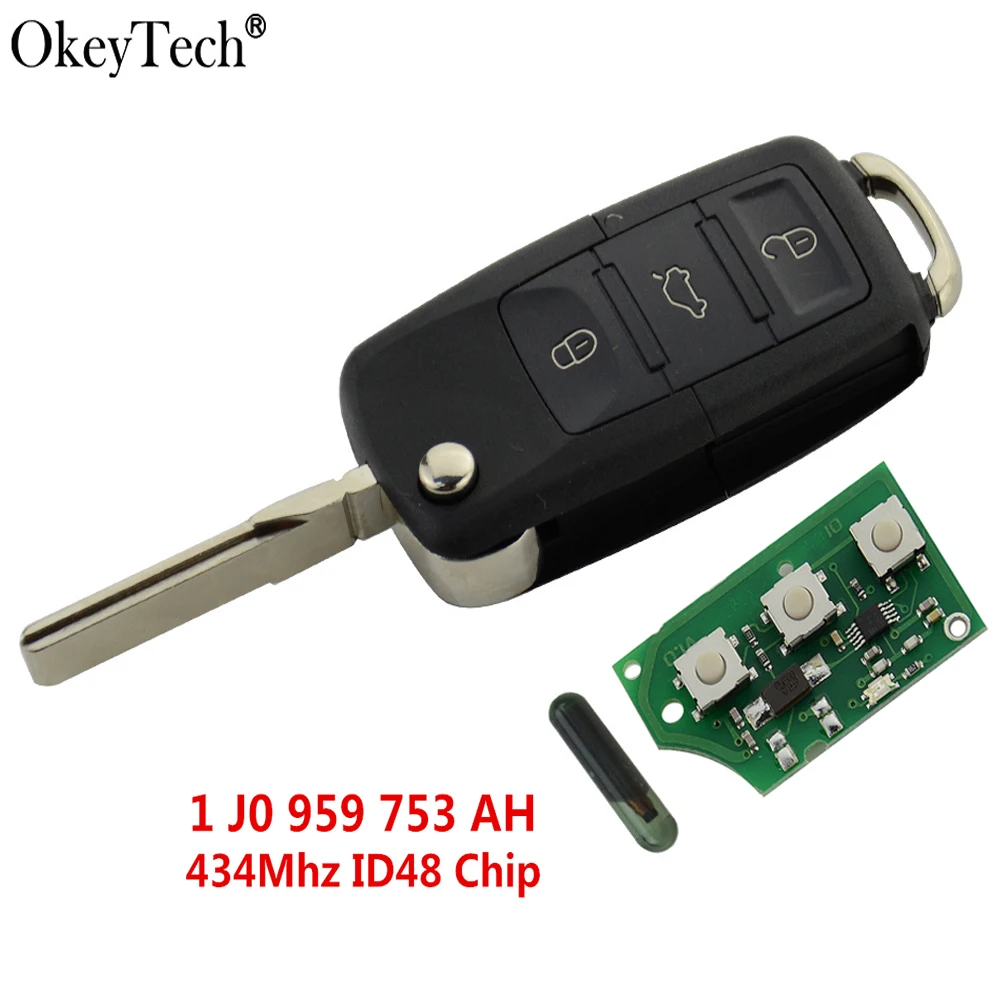 Okeytech 3 кнопки дистанционного ключа флип складной 434 МГц ID48 транспондер чип для VW Golf 4 5 Passat Polo 2000-2006 1 J0 959 753 Ач