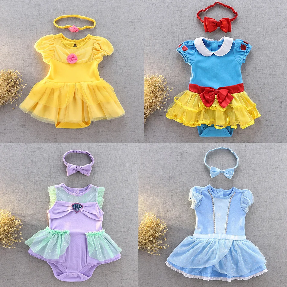

Baby Girl Romper Suit Jumpsuit Headband Newborn Girl Princess Dress Baby Snow White Cinderella Mermaid Jumpsuit 3-18 Months