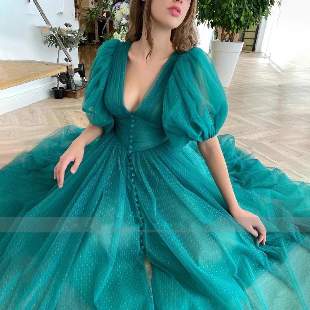 

V-Neck Green Dotted Tulle Short Evening Dress Party Vestido De Festa Ruched A-Line Prom Dresses Buttoned Tea-Length Ball Gown