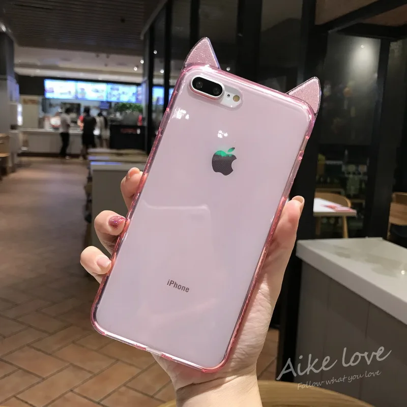 N1986N Телефон чехол для iPhone 6 6s 7 8 Plus X XR XS Max роскошный сверкающий чехол с кристаллами милые кошачьи уши прозрачный мягкий TPU для iPhone X чехол для телефона - Цвет: pink