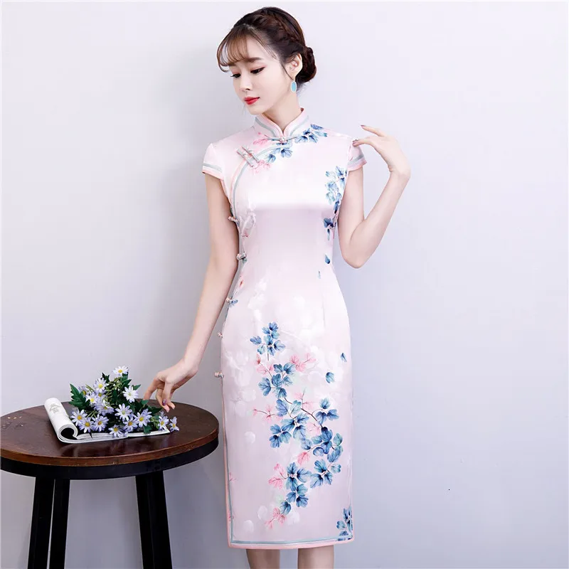 Красное китайское традиционное платье женское шелковое атласное Cheongsam винтажное Ципао летнее платье с коротким рукавом Вечерние Платья с цветочным принтом размера плюс