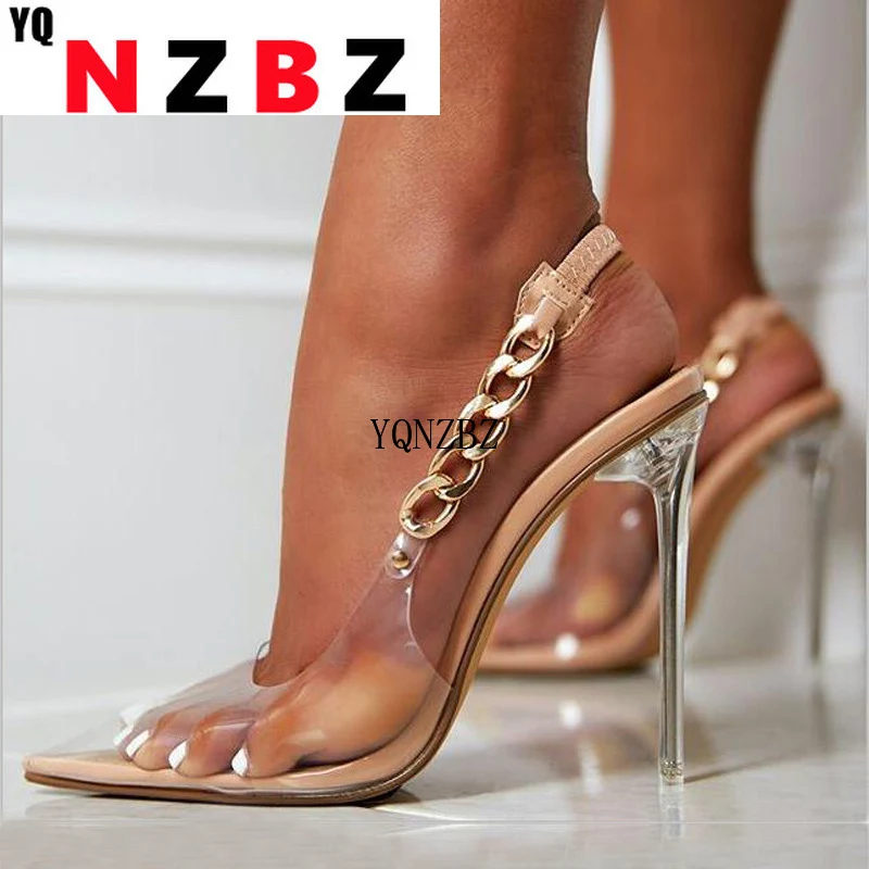 

YQNZBZ Transparent Pumps Women Sexy Pointed Toe Chain Design Crystal Heel Ladies Shoes Stiletto High Heels Wedding Dress Shoes